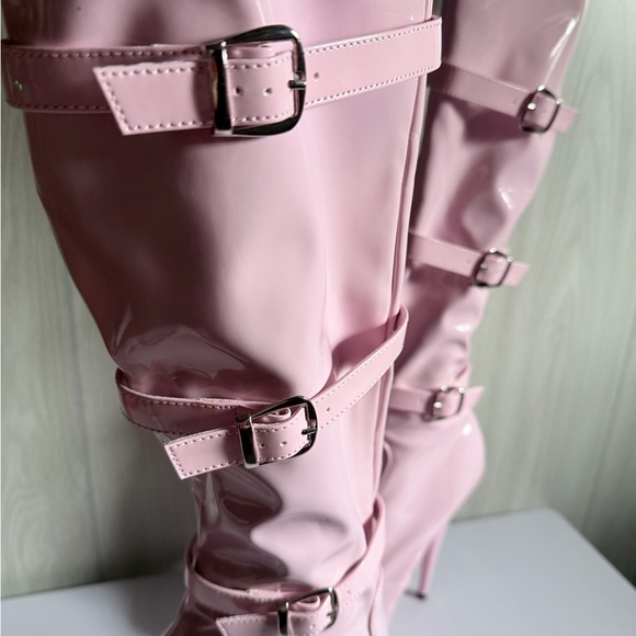 Pleaser Adore baby pink Patent Thigh High Boots - 5”1/2 Heel - Size 8 - Picture 7 of 13